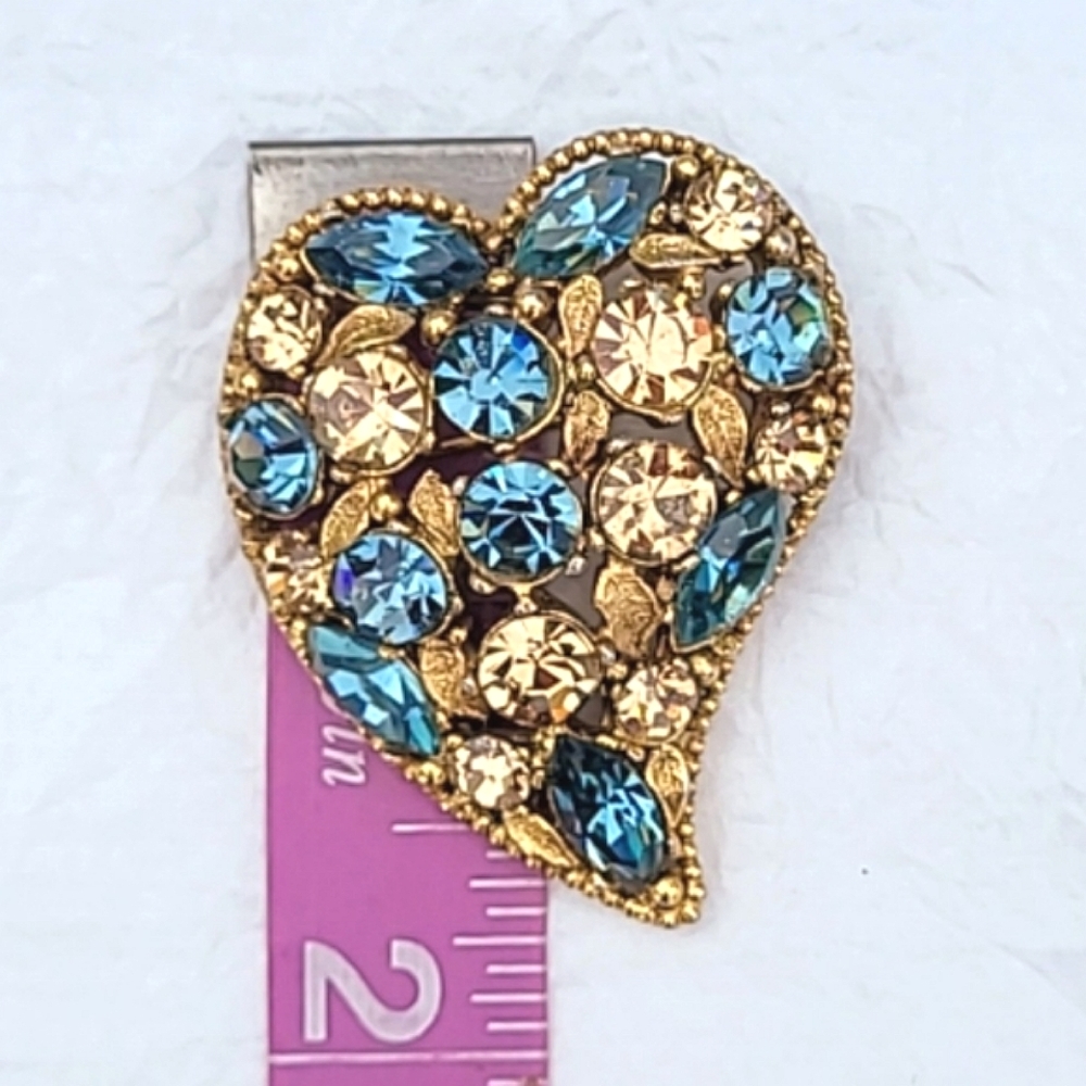 ABSTRACT HEART RHINESTONE PIN BROOCH - TEAL & CHAMPAGNE STONES - Picture 3 of 7